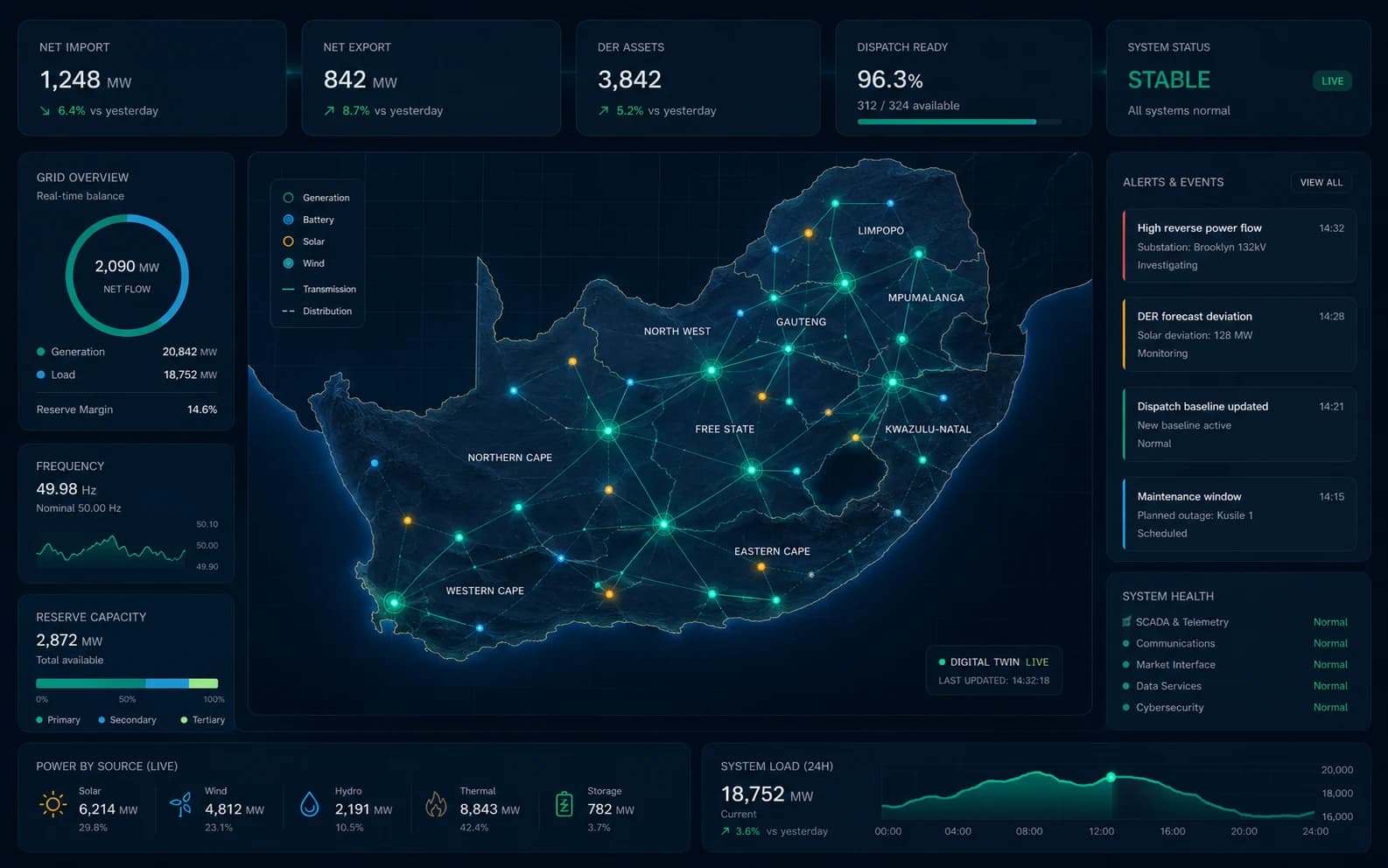 GridSync operator console showing national grid balance, a DER map, alerts, and system health