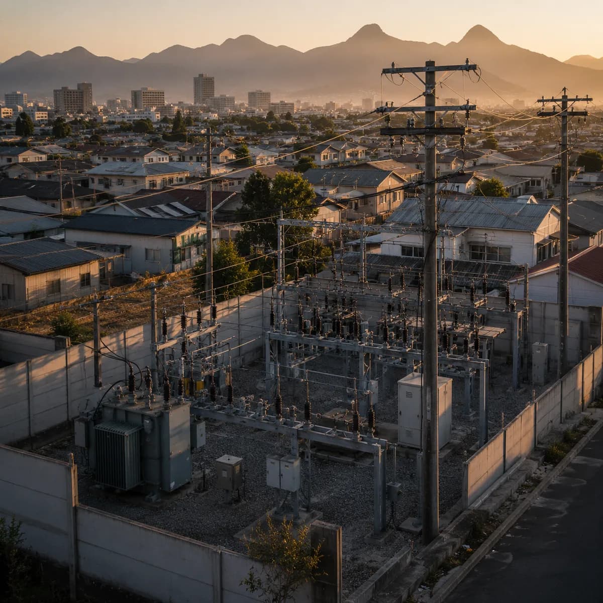 A distribution substation embedded in a South African neighbourhood at sunrise