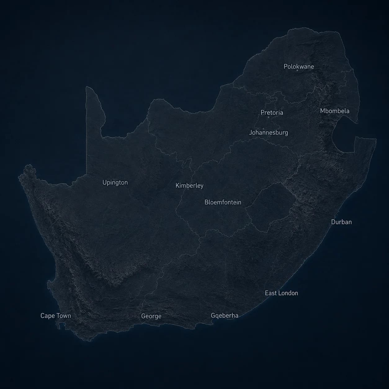 Dark relief map of South Africa with major cities and provincial boundaries